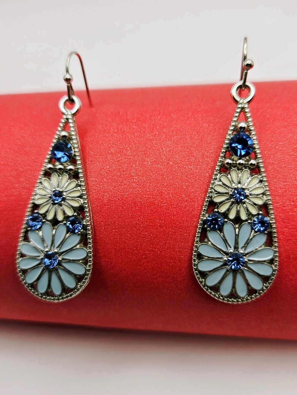 Blue and Pale Yellow Floral Teardrop Earrings - Picture 11 of 16